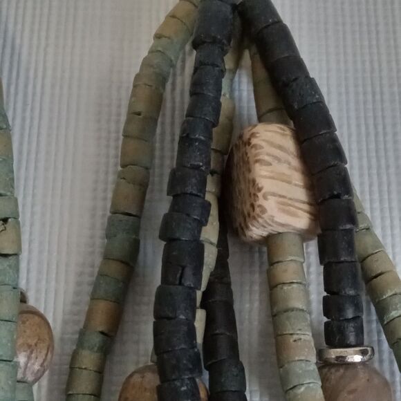 Green & Black Multi Strand Wooden Beaded Layered Bohemian Style Fashion Necklace - Picture 7 of 10